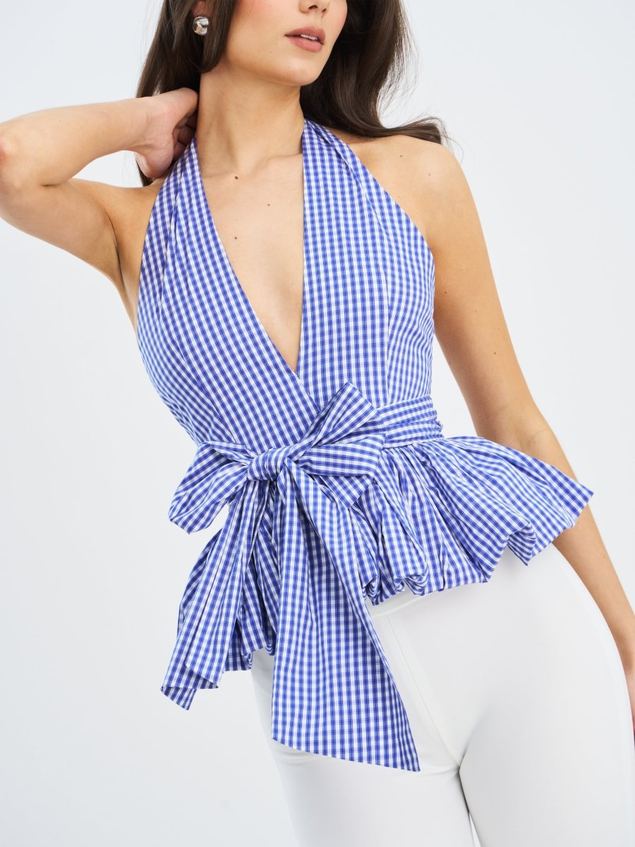 Ilene Blue Gingham Cotton Bubble Hem Halter Top - HOUSE OF SHE