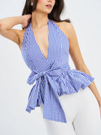 Ilene Blue Gingham Cotton Bubble Hem Halter Top - HOUSE OF SHE
