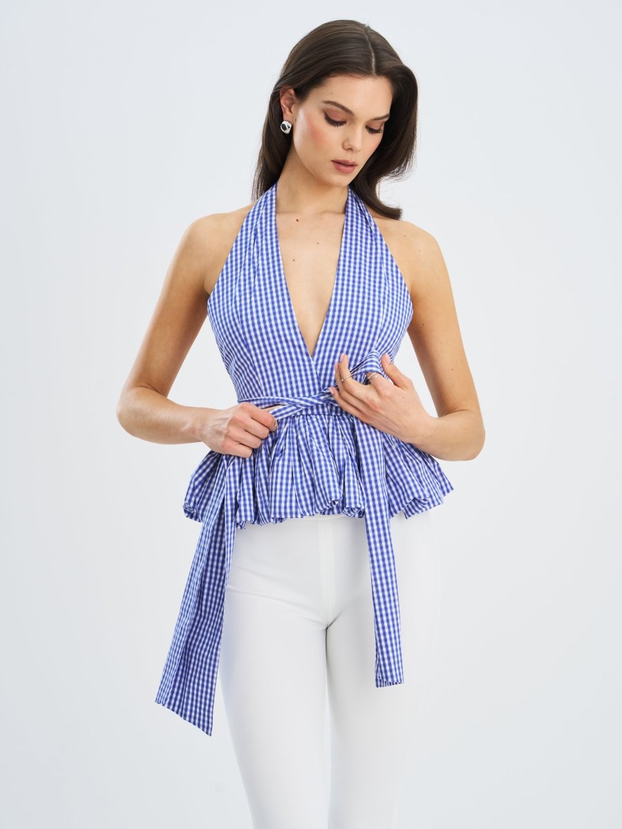 Ilene Blue Gingham Cotton Bubble Hem Halter Top - HOUSE OF SHE