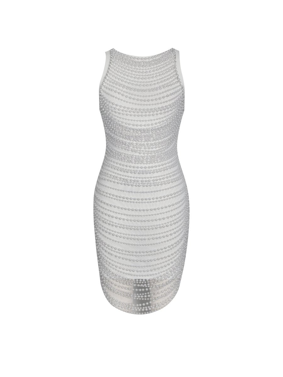 Iliana White Pearl Chain Embellished Midi Dress - HOUSE OF SHE
