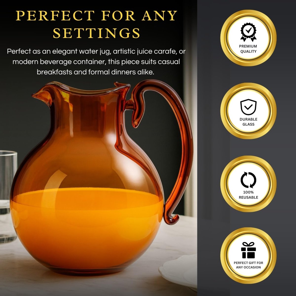 Italian Design Amber Glass Jug Mouth-Blown Venetian Pitcher 750ml Handmade Murano - HOUSE OF SHE