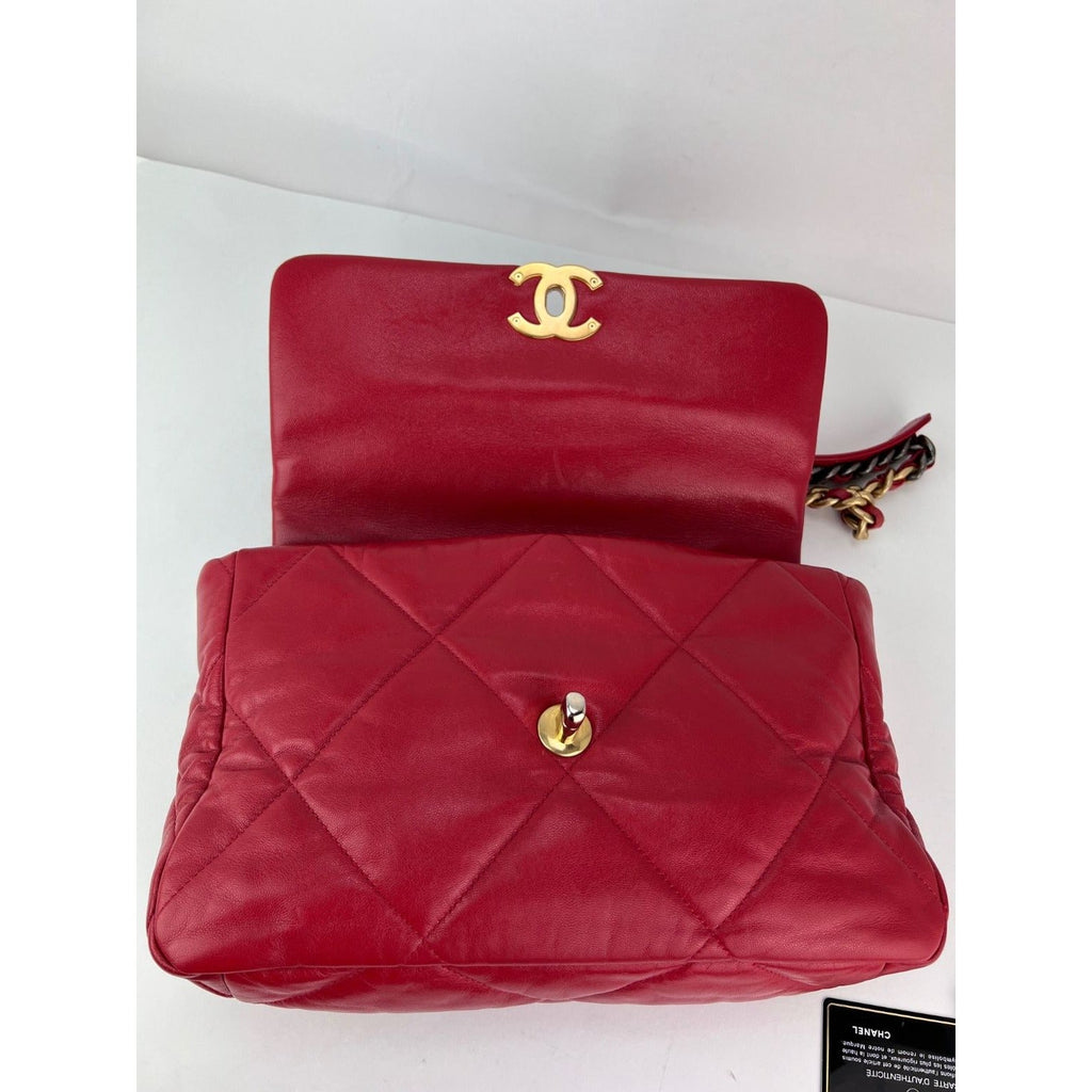Chanel 19 Large Quilted Goatskin Silver and Gold Red Flap Bag - HOUSE OF SHE