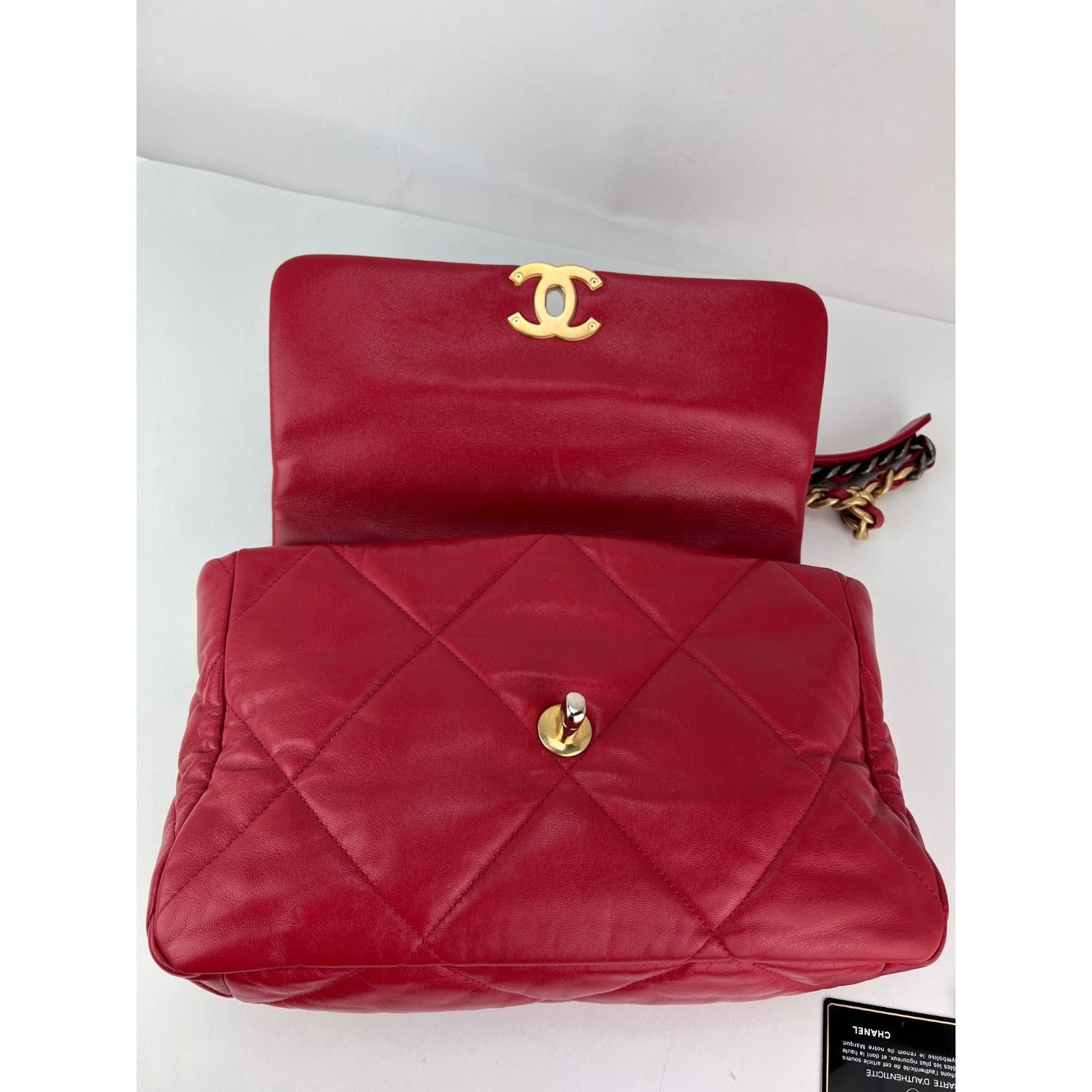 Chanel 19 Large Quilted Goatskin Silver and Gold Red Flap Bag - HOUSE OF SHE