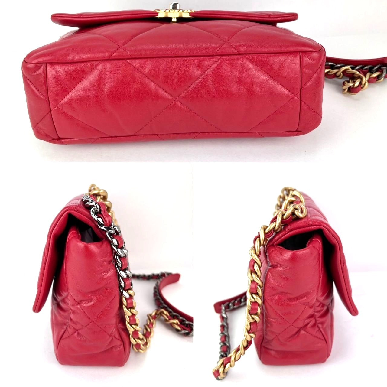 Chanel 19 Large Quilted Goatskin Silver and Gold Red Flap Bag - HOUSE OF SHE