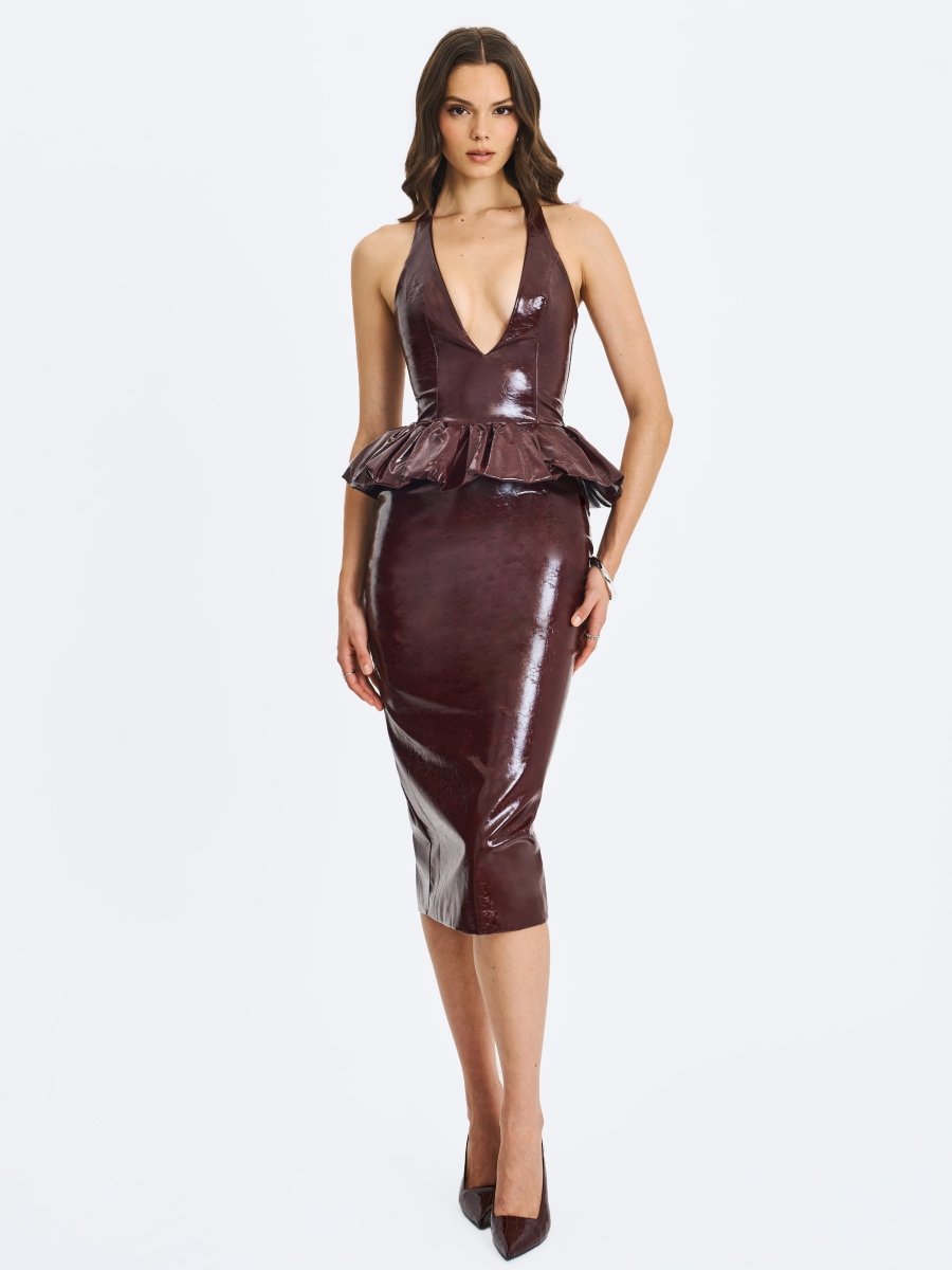 Jaslene Mahogany Ruched Peplum Plunge Halter Midi Dress - HOUSE OF SHE