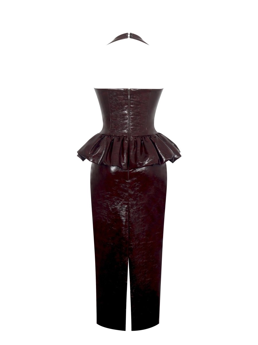 Jaslene Mahogany Ruched Peplum Plunge Halter Midi Dress - HOUSE OF SHE