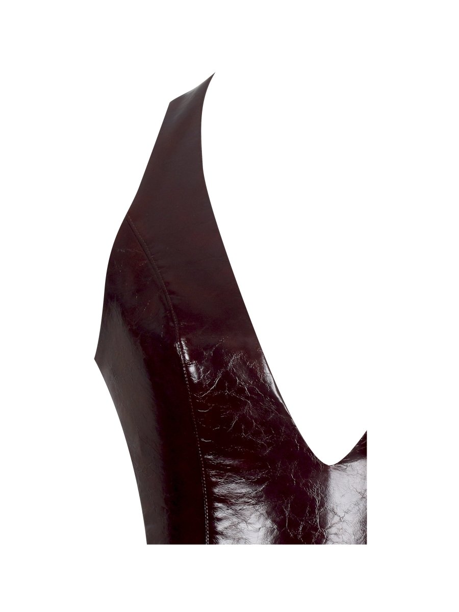 Jaslene Mahogany Ruched Peplum Plunge Halter Midi Dress - HOUSE OF SHE