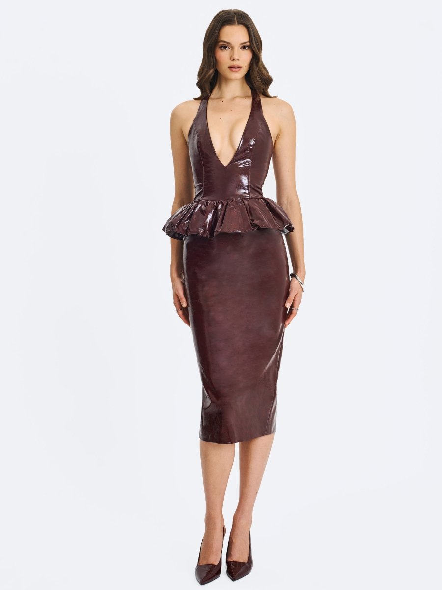 Jaslene Mahogany Ruched Peplum Plunge Halter Midi Dress - HOUSE OF SHE