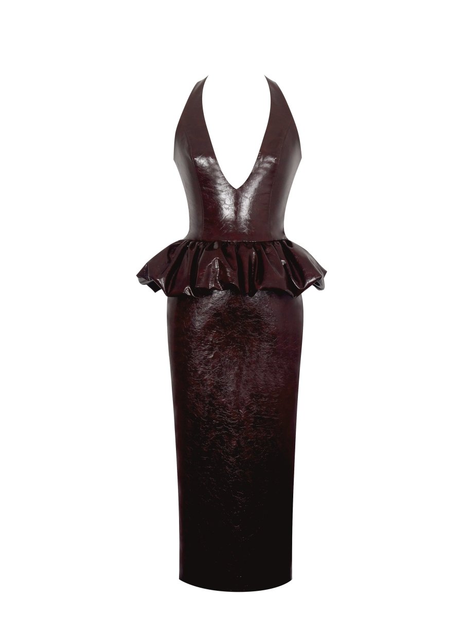 Jaslene Mahogany Ruched Peplum Plunge Halter Midi Dress - HOUSE OF SHE