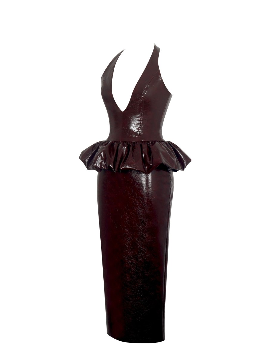 Jaslene Mahogany Ruched Peplum Plunge Halter Midi Dress - HOUSE OF SHE