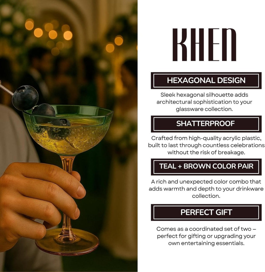 Khen Hexagonal Coupe Glasses Elegant Break Resistant - Set of 2 Teal + Brown - HOUSE OF SHE