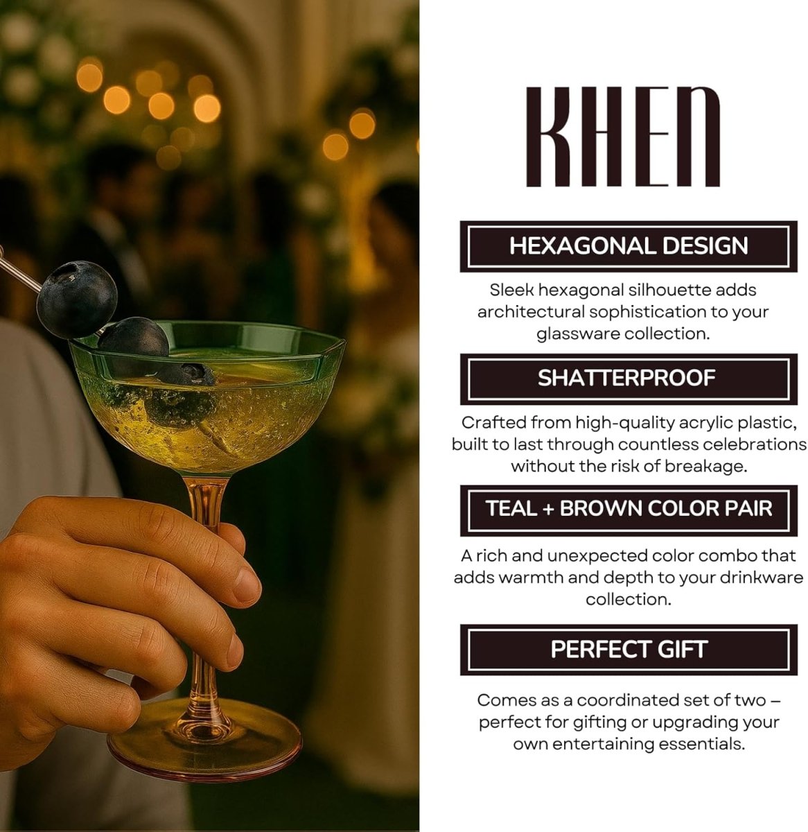 Khen Hexagonal Coupe Glasses Elegant Break Resistant - Set of 2 Teal + Brown - HOUSE OF SHE