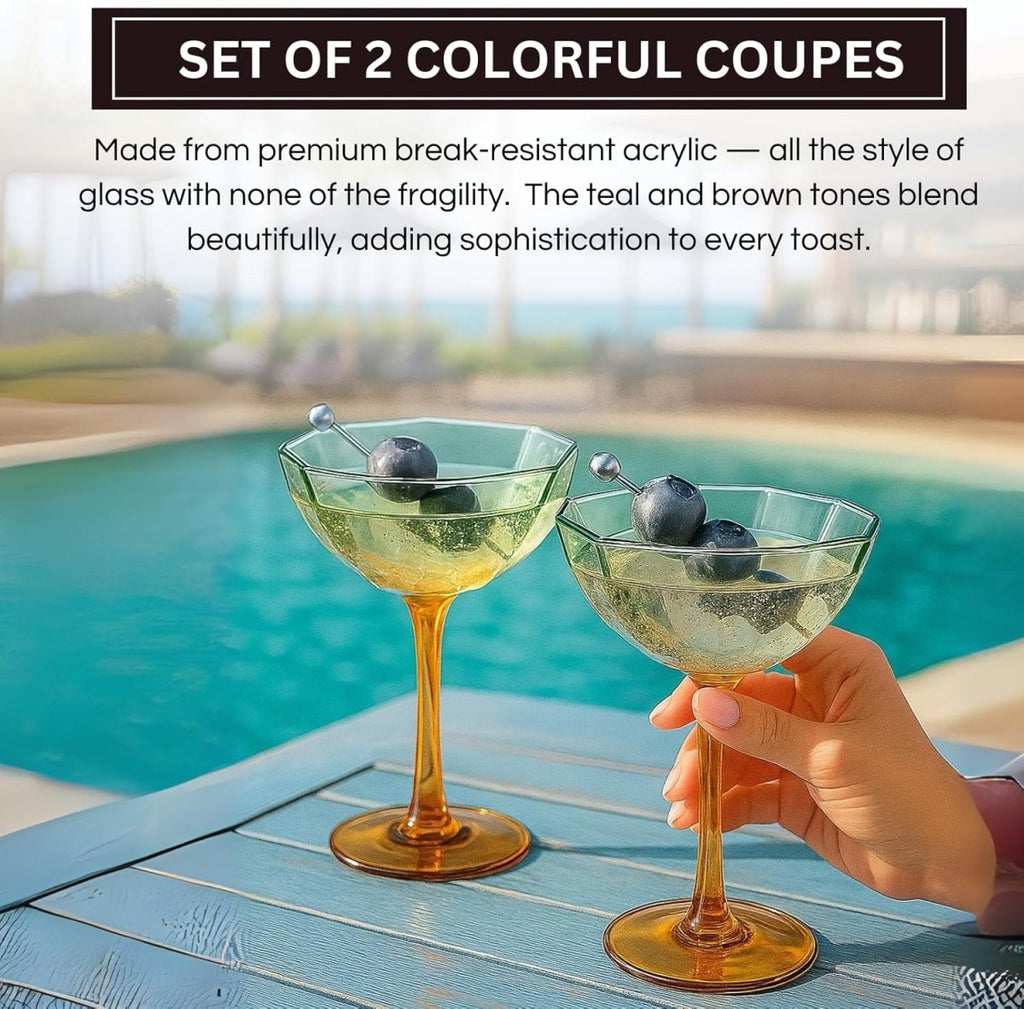 Khen Hexagonal Coupe Glasses Elegant Break Resistant - Set of 2 Teal + Brown - HOUSE OF SHE