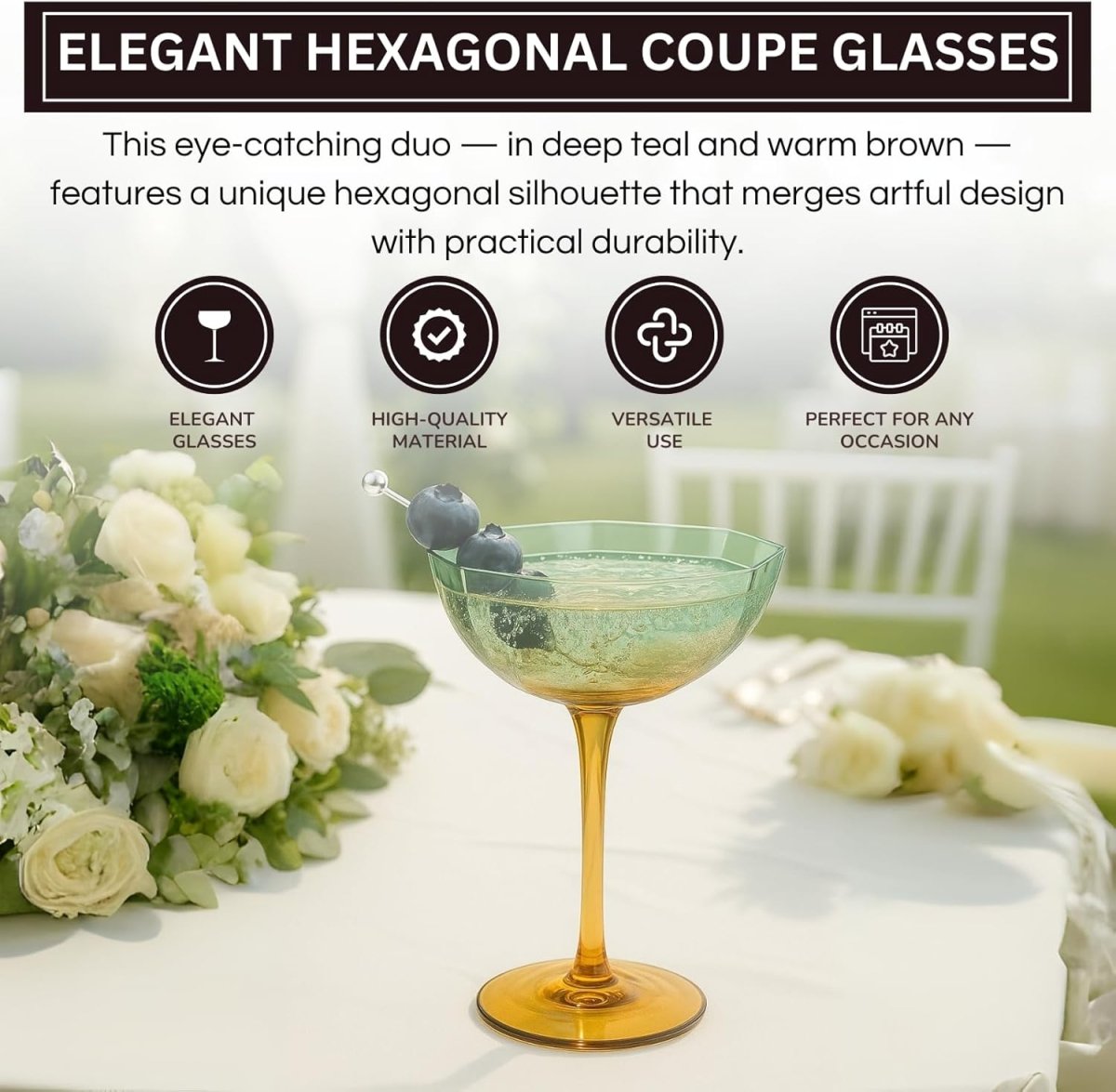 Khen Hexagonal Coupe Glasses Elegant Break Resistant - Set of 2 Teal + Brown - HOUSE OF SHE