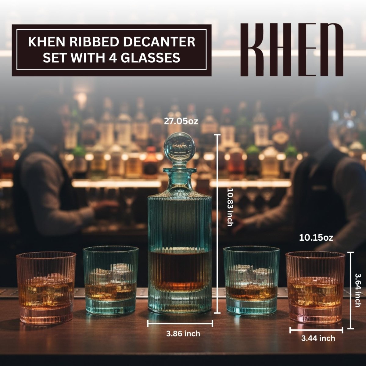 Khen Ribbed Decanter Set with 4 Glasses – Whiskey Bourbon Scotch - HOUSE OF SHE