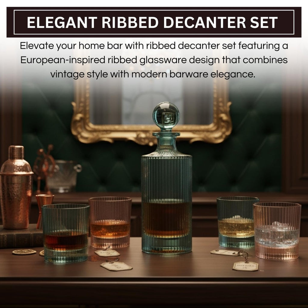 Khen Ribbed Decanter Set with 4 Glasses – Whiskey Bourbon Scotch - HOUSE OF SHE