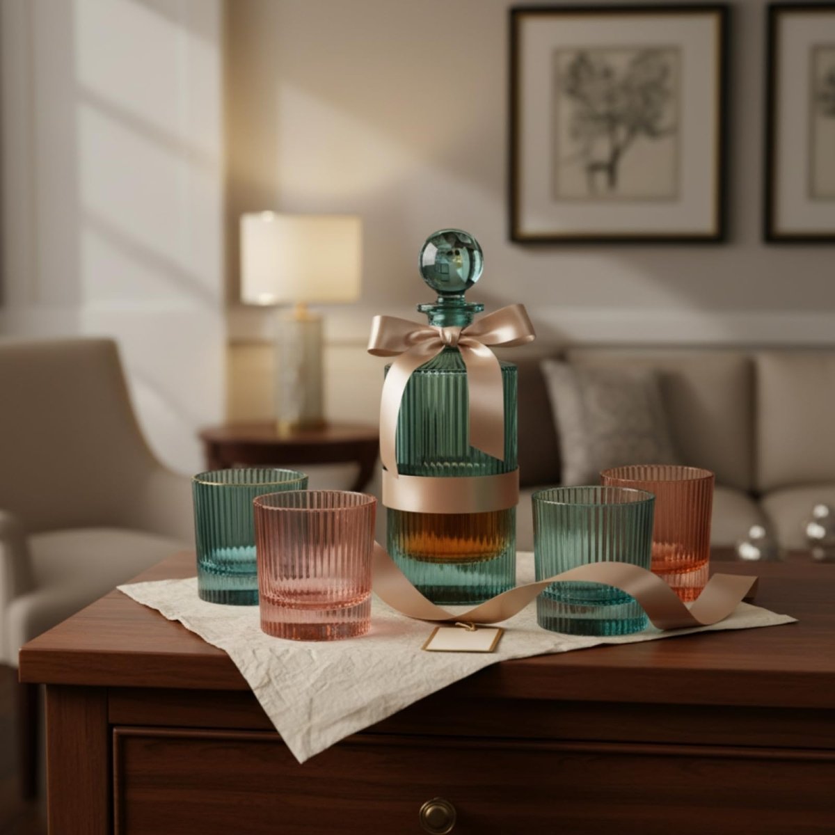Khen Ribbed Decanter Set with 4 Glasses – Whiskey Bourbon Scotch - HOUSE OF SHE