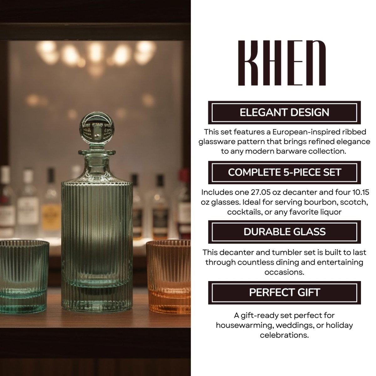 Khen Ribbed Decanter Set with 4 Glasses – Whiskey Bourbon Scotch - HOUSE OF SHE