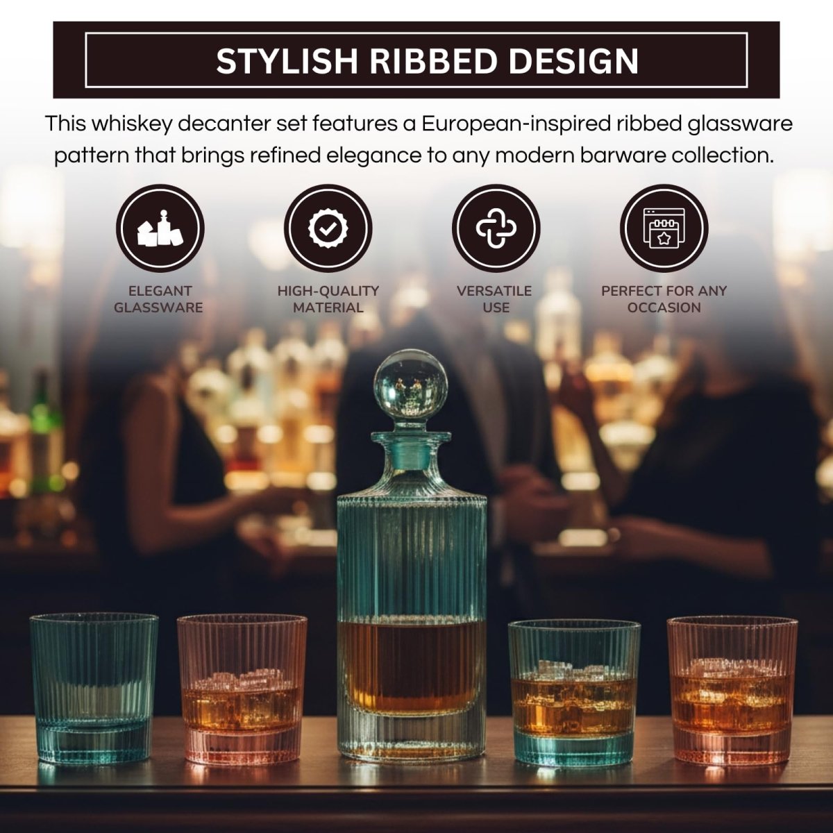 Khen Ribbed Decanter Set with 4 Glasses – Whiskey Bourbon Scotch - HOUSE OF SHE