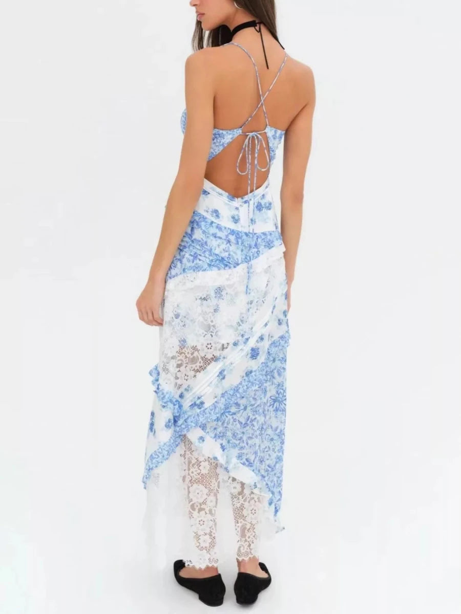 Lace Floral Print Ruffle Trim Maxi Dress - HOUSE OF SHE
