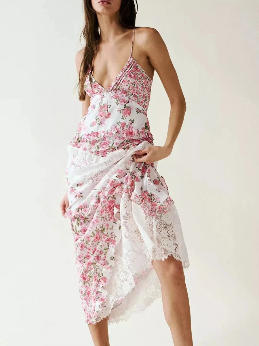 Lace Floral Print Ruffle Trim Maxi Dress - HOUSE OF SHE