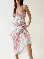 Lace Floral Print Ruffle Trim Maxi Dress - HOUSE OF SHE
