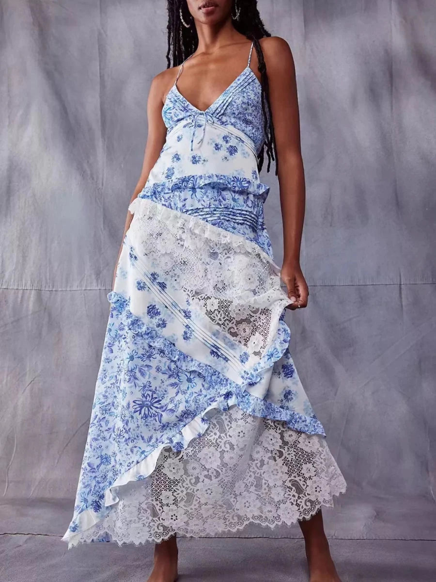 Lace Floral Print Ruffle Trim Maxi Dress - HOUSE OF SHE