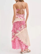 Lace Floral Print Ruffle Trim Maxi Dress - HOUSE OF SHE