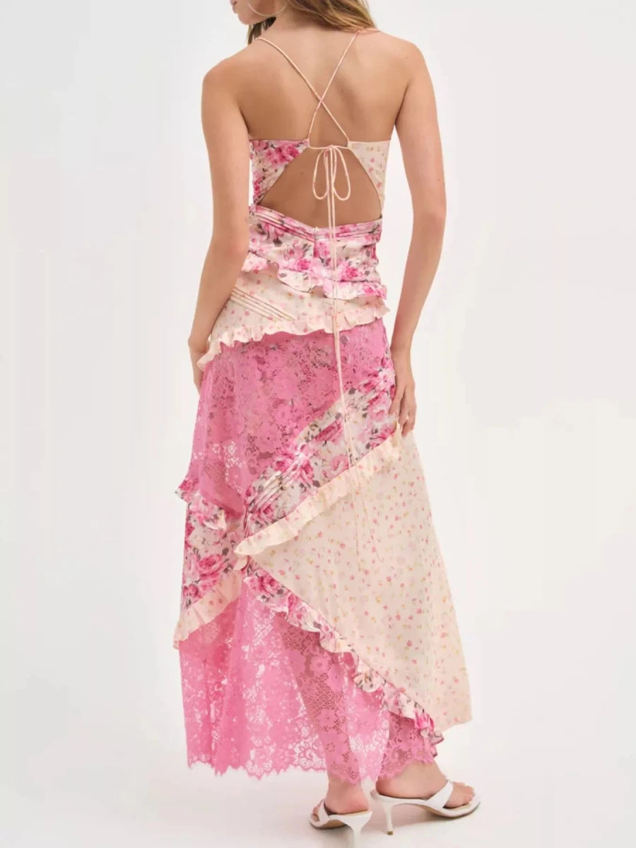 Lace Floral Print Ruffle Trim Maxi Dress - HOUSE OF SHE