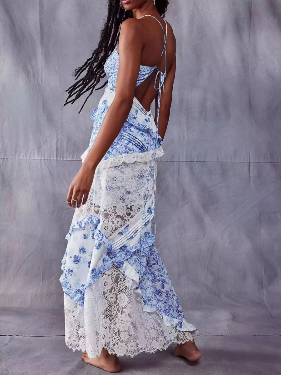 Lace Floral Print Ruffle Trim Maxi Dress - HOUSE OF SHE