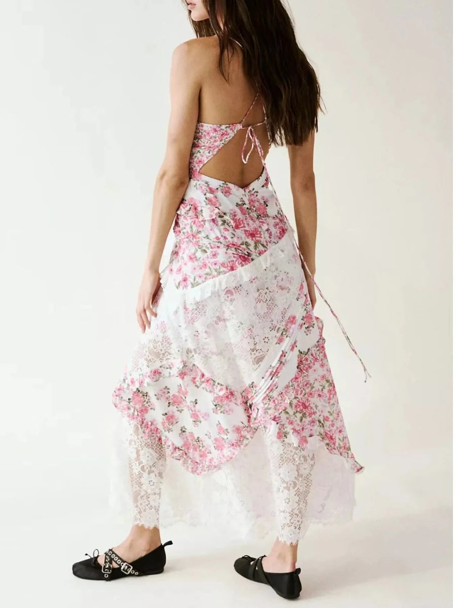 Lace Floral Print Ruffle Trim Maxi Dress - HOUSE OF SHE