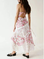 Lace Floral Print Ruffle Trim Maxi Dress - HOUSE OF SHE