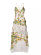 Lace Floral Print Ruffle Trim Maxi Dress - HOUSE OF SHE