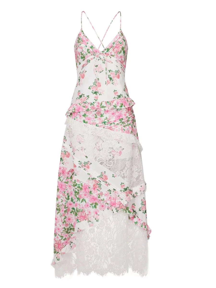 Lace Floral Print Ruffle Trim Maxi Dress - HOUSE OF SHE