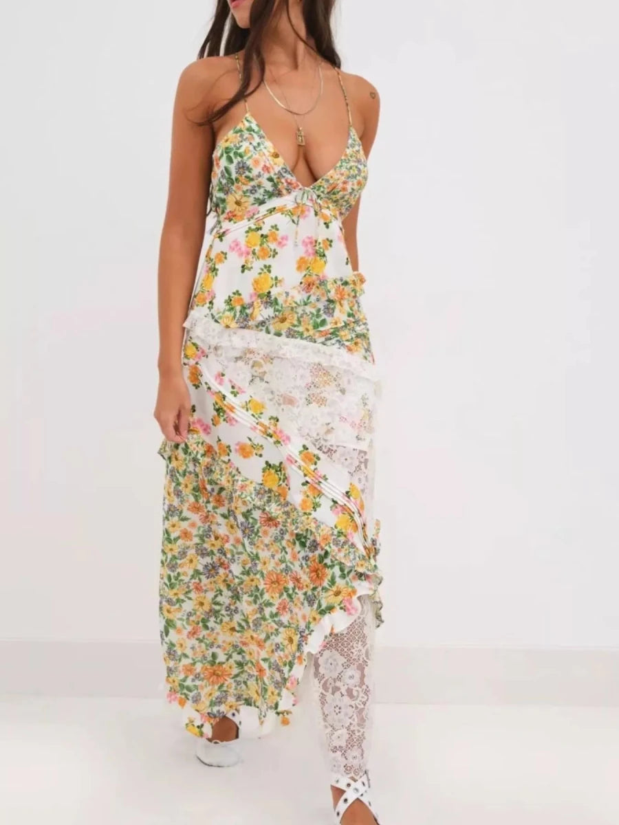 Lace Floral Print Ruffle Trim Maxi Dress - HOUSE OF SHE