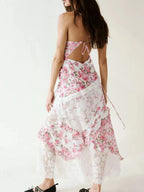 Lace Floral Print Ruffle Trim Maxi Dress - HOUSE OF SHE