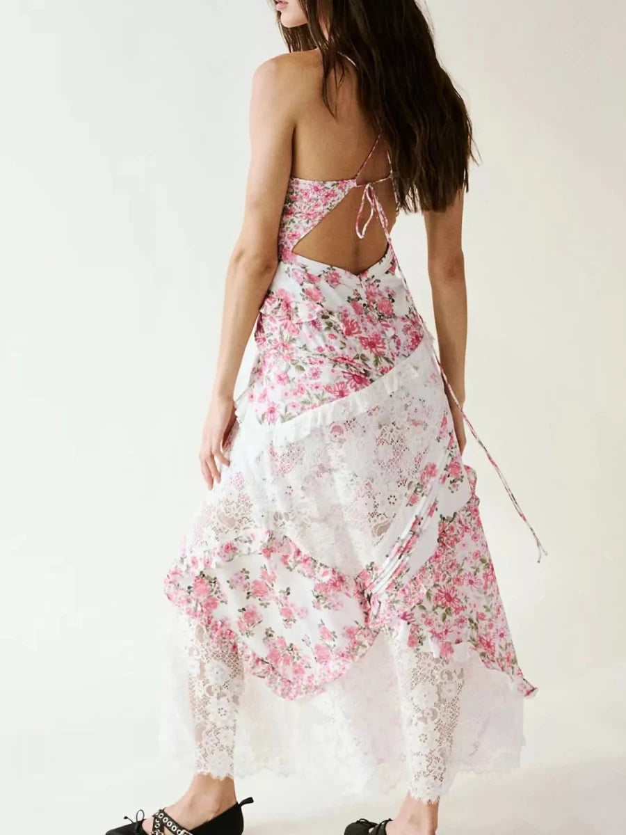 Lace Floral Print Ruffle Trim Maxi Dress - HOUSE OF SHE