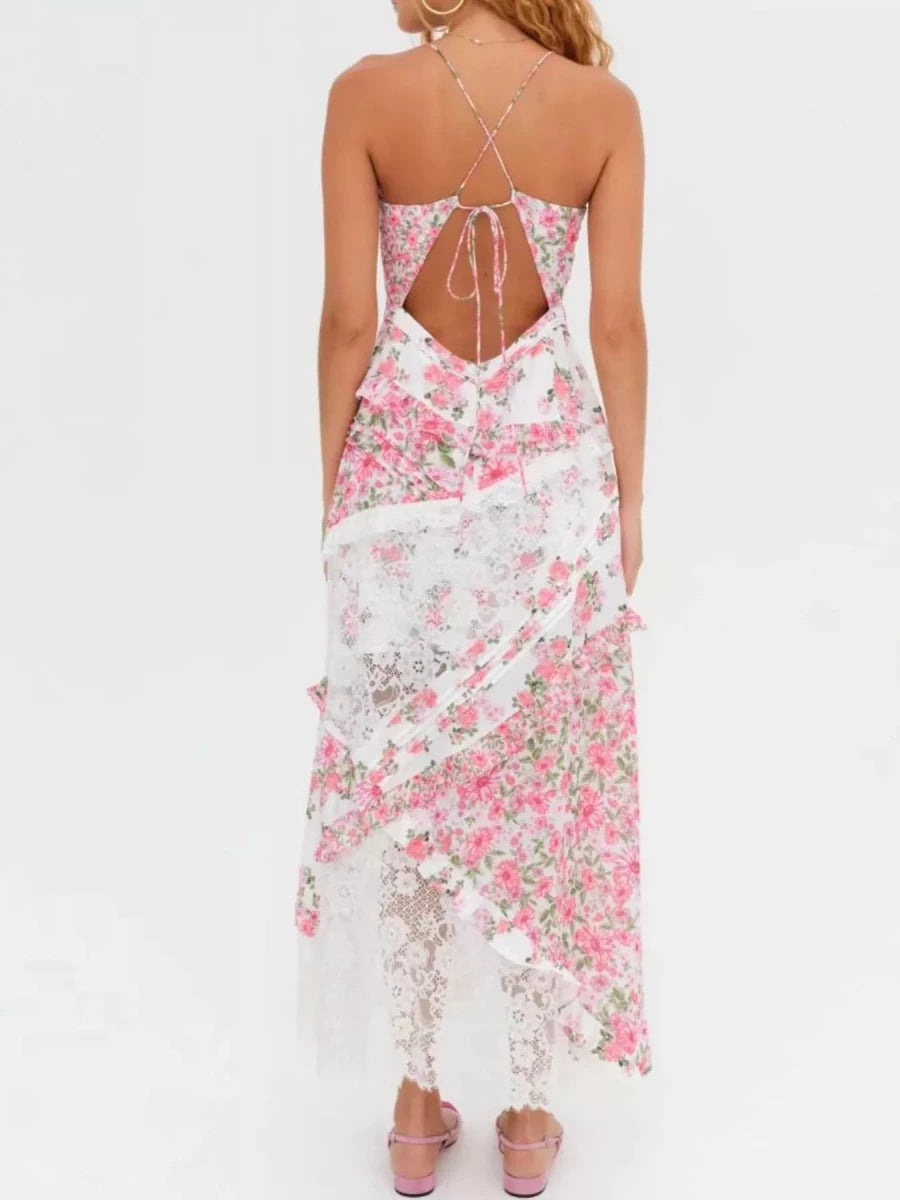 Lace Floral Print Ruffle Trim Maxi Dress - HOUSE OF SHE