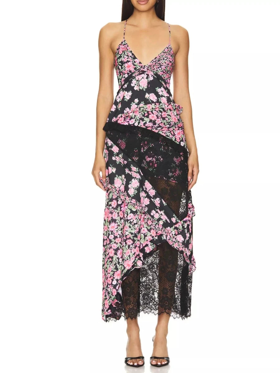 Lace Floral Print Ruffle Trim Maxi Dress - HOUSE OF SHE
