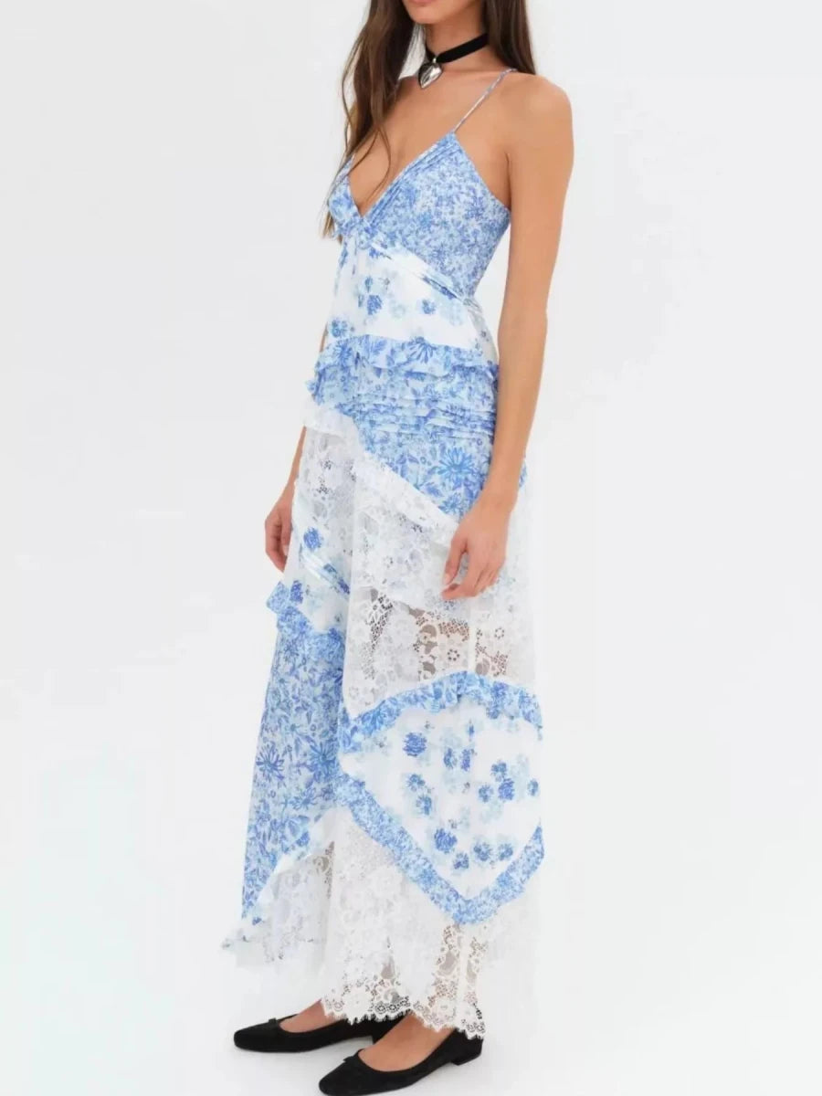Lace Floral Print Ruffle Trim Maxi Dress - HOUSE OF SHE