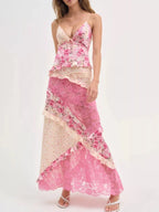 Lace Floral Print Ruffle Trim Maxi Dress - HOUSE OF SHE