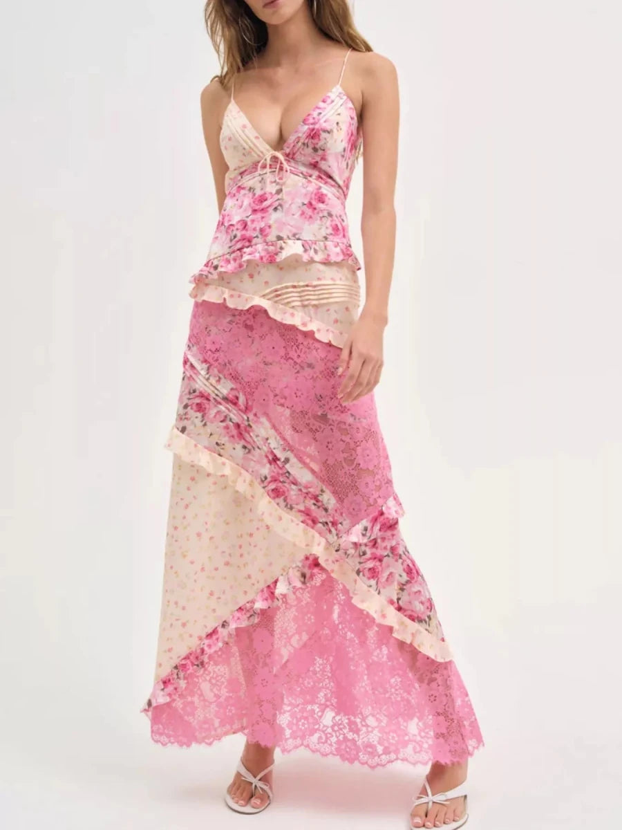 Lace Floral Print Ruffle Trim Maxi Dress - HOUSE OF SHE