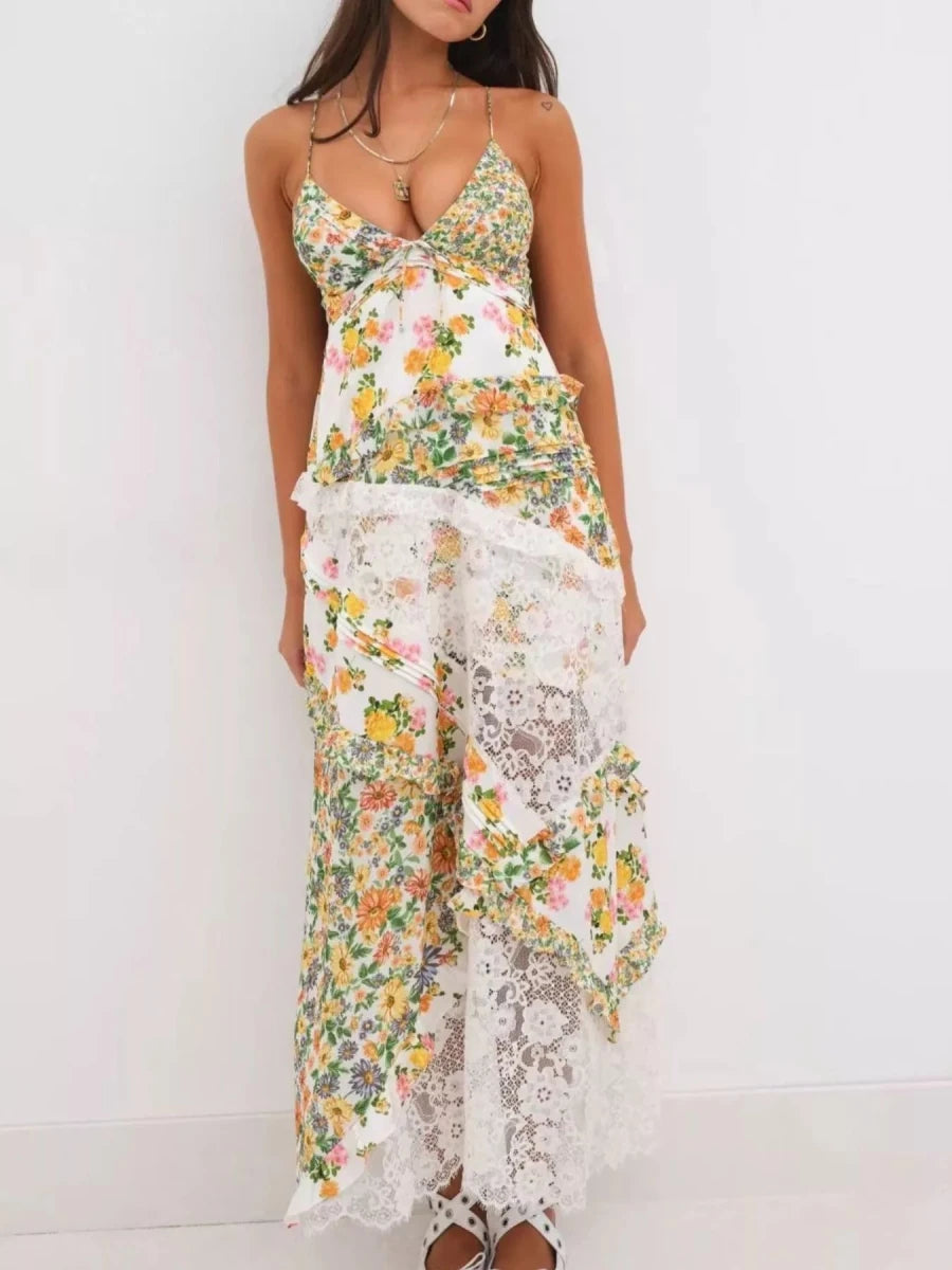 Lace Floral Print Ruffle Trim Maxi Dress - HOUSE OF SHE