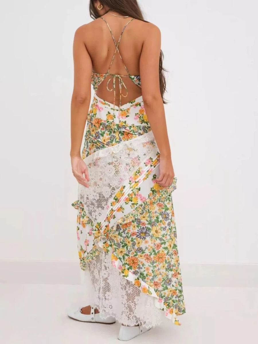 Lace Floral Print Ruffle Trim Maxi Dress - HOUSE OF SHE