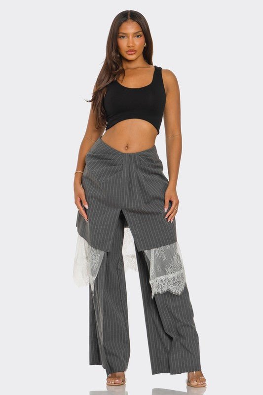 Lace - Layered Pinstripe Pant Set - HOUSE OF SHE