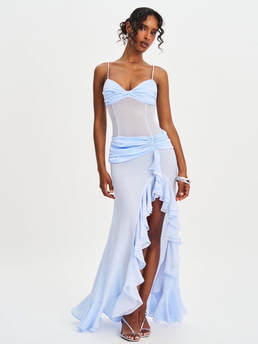 Lacy Blue Ruched Breast High Slit Chiffon Dress - HOUSE OF SHE