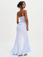Lacy Blue Ruched Breast High Slit Chiffon Dress - HOUSE OF SHE