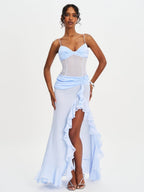 Lacy Blue Ruched Breast High Slit Chiffon Dress - HOUSE OF SHE