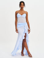 Lacy Blue Ruched Breast High Slit Chiffon Dress - HOUSE OF SHE
