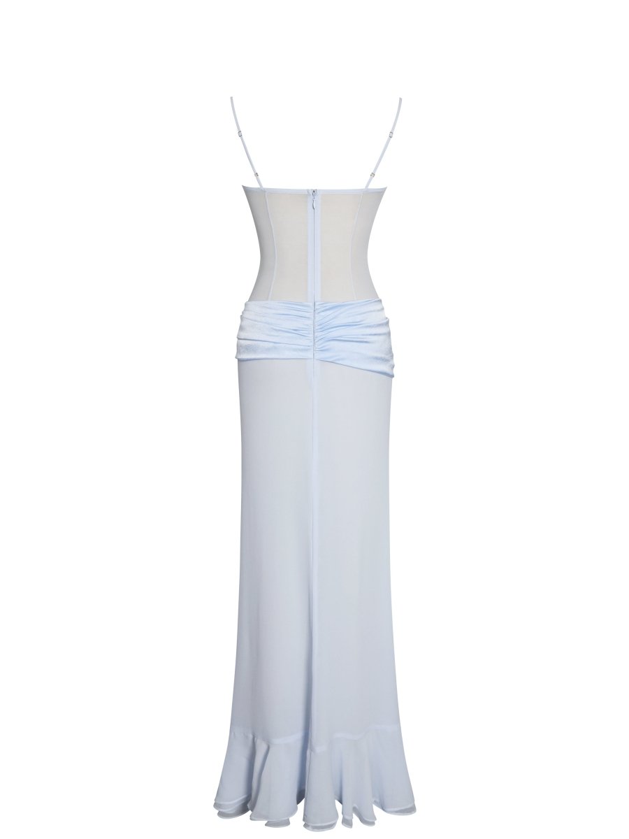 Lacy Blue Ruched Breast High Slit Chiffon Dress - HOUSE OF SHE